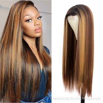Ombre Brown Highlight Blonde  Dark Root Wig Long Silky Straight Wig Middle Part Synthetic Front Lace Hair Wigs For Women